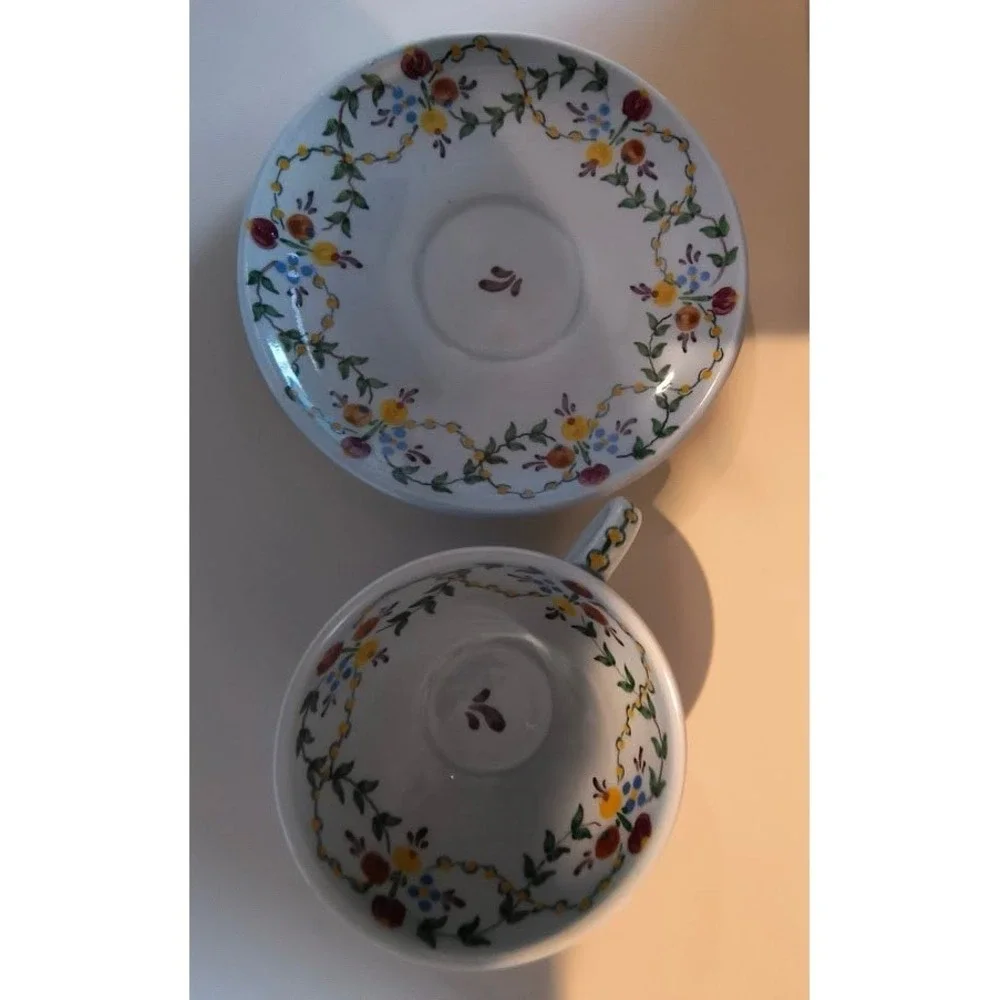 Vintage Hand Painted Portuguese Ceramic Tea‎ Cup and Saucer Floral Blue Yellow